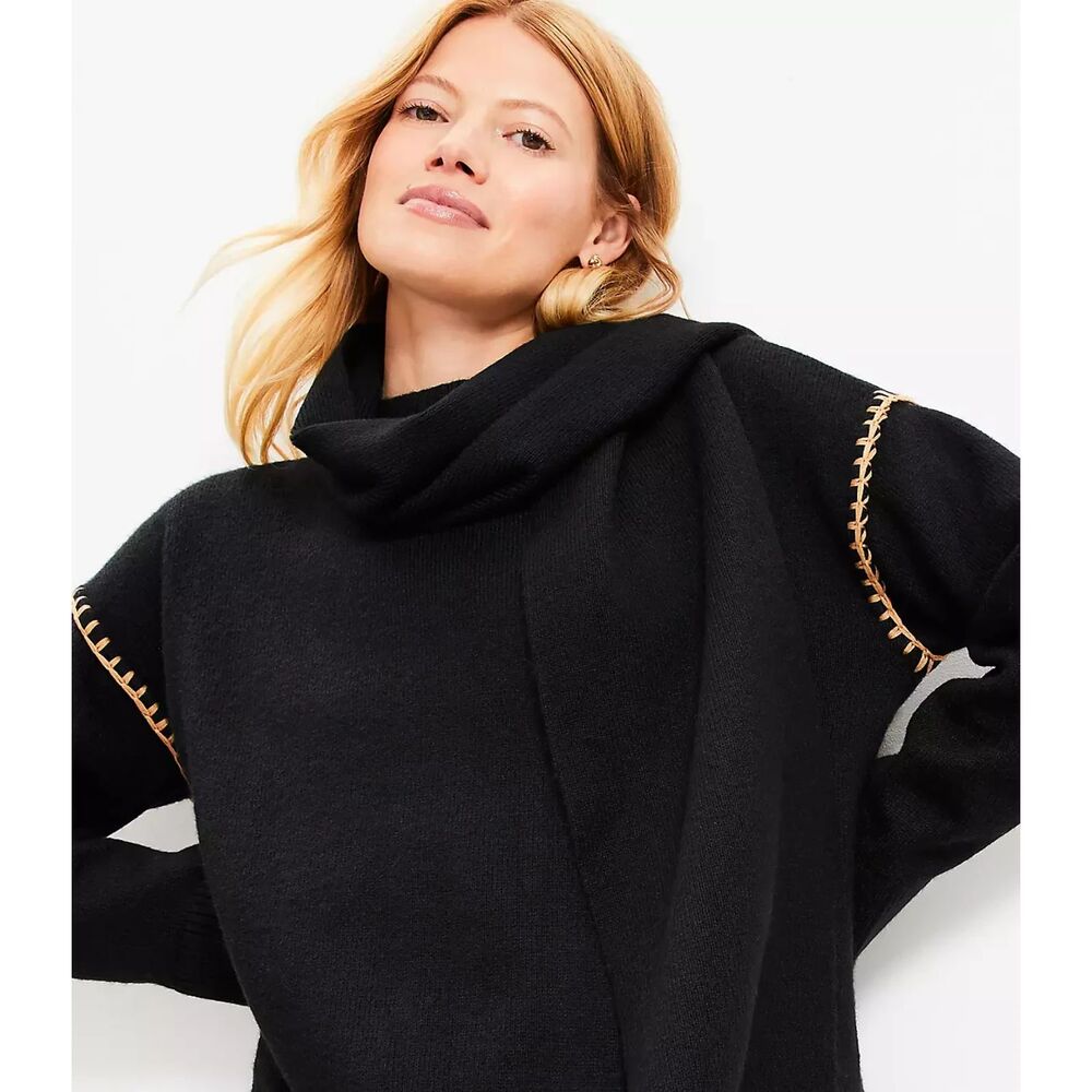 Black LOFT Removable Neck Scarf Top Stitch Long Sleeve Pull over Sweater (NWT)